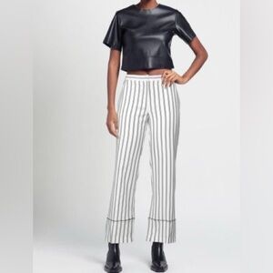 Les Copains White Wide-Leg Crop Pants w/ Black Vertical Stripes/trim hem. Size 4